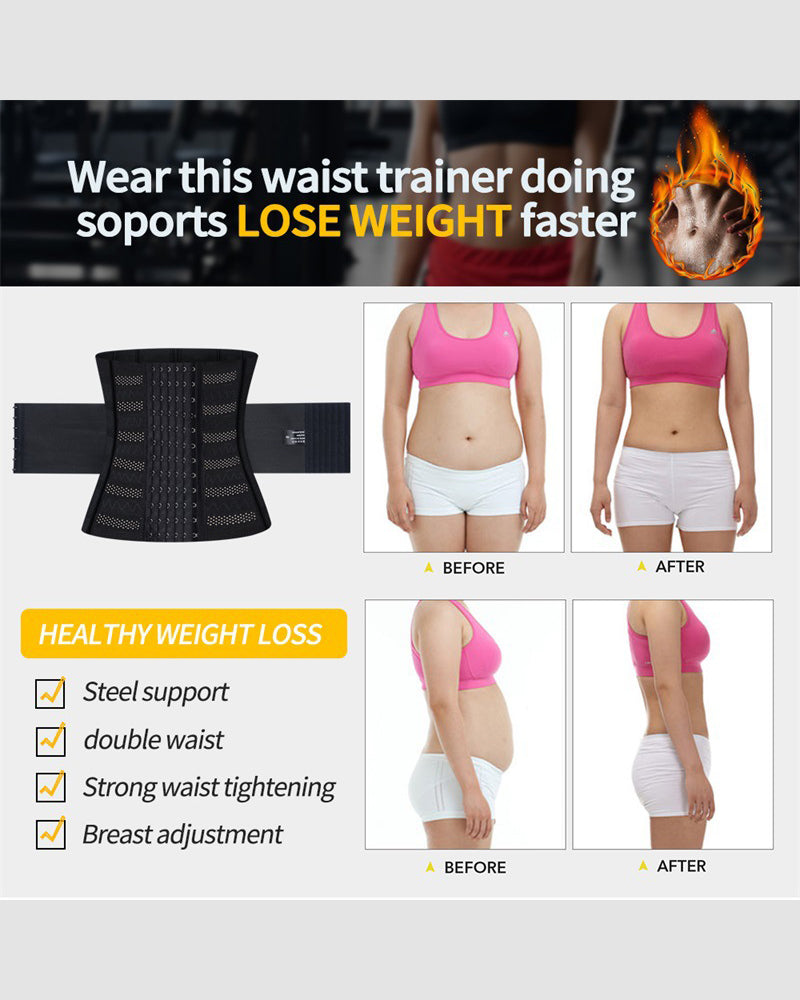 Double reinforced black waist corset for healthy weight loss, showing before and after results.