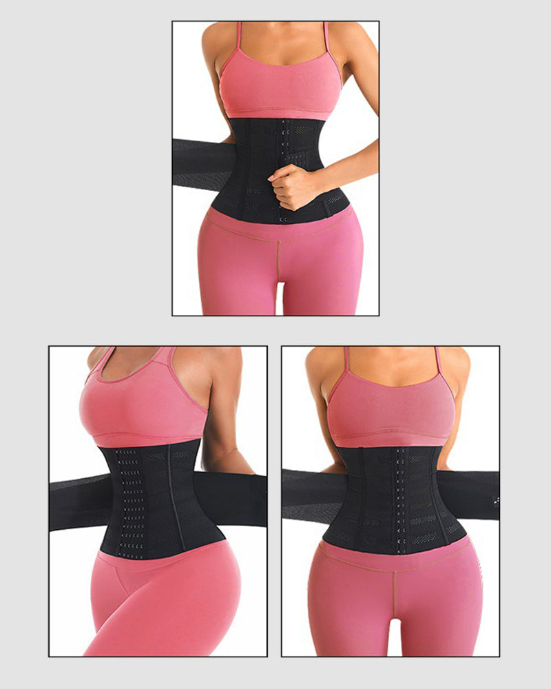 Black waist training corset with adjustable hooks and breathable mesh for shaping