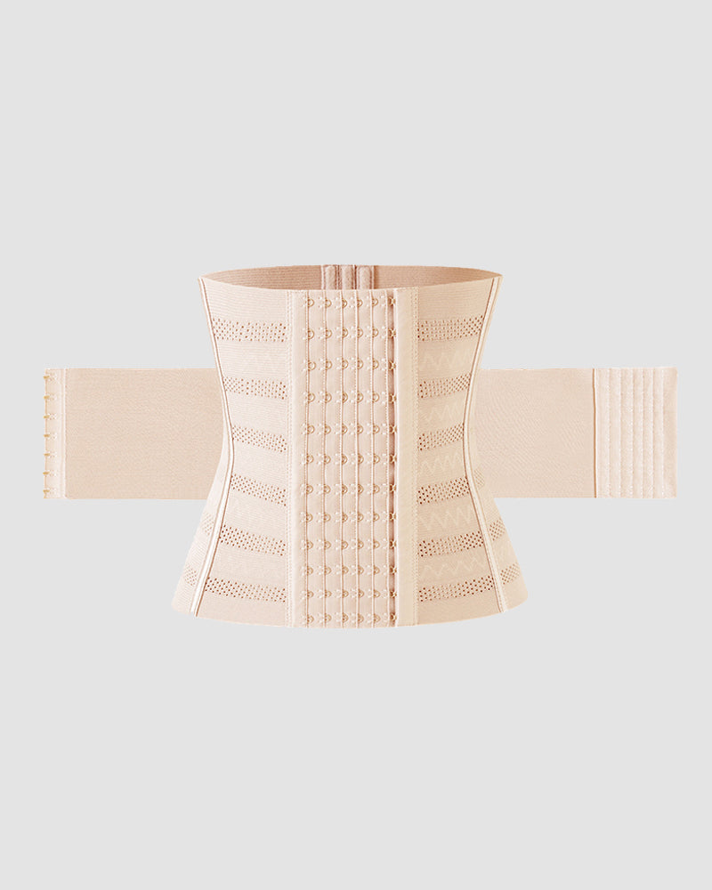 Beige double reinforced waist corset with adjustable hooks and breathable mesh for shaping