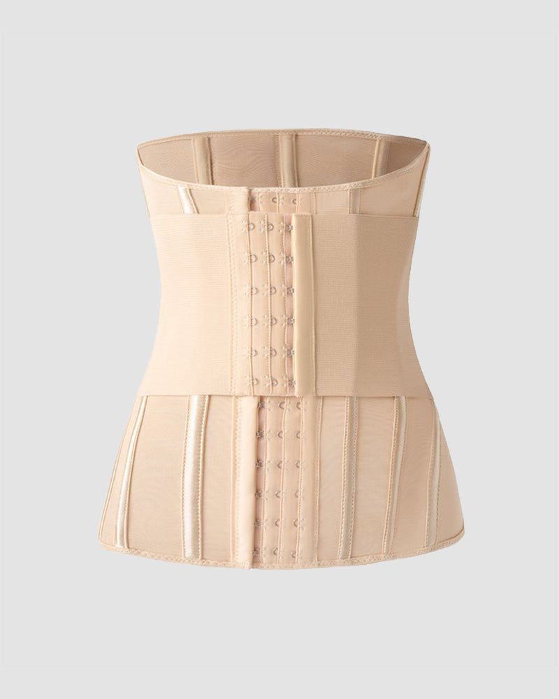 Beige elongated waist corset with hook-and-eye closures, made of polyester and spandex.