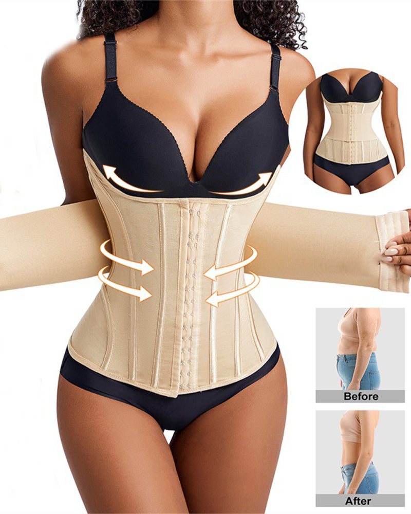 Elongated beige waist corset, polyester/spandex, hook-and-eye, shaping results.