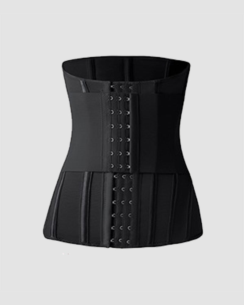 Black elongated waist corset, polyester/spandex blend, hook-and-eye closures, waist-training design