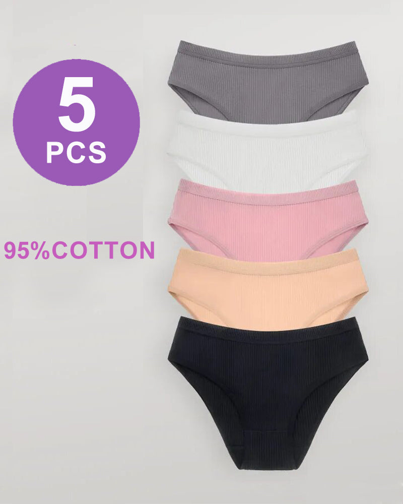 Ribbed mid-rise waist panties, 5-pack in cotton, available in multiple colors.