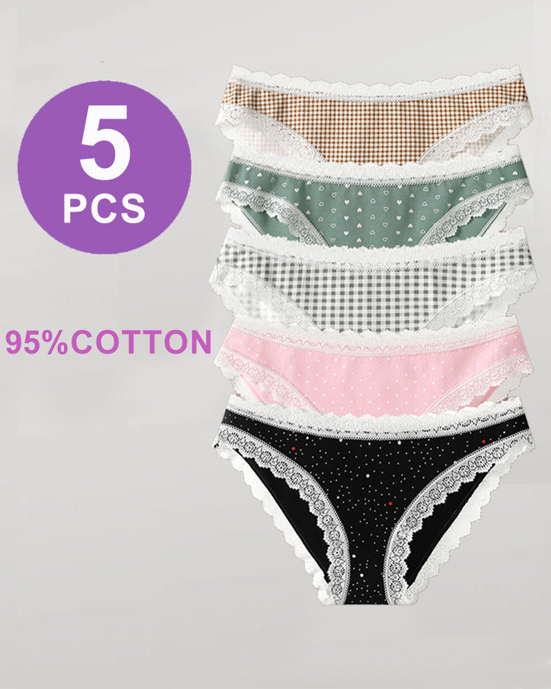 Five-pack of cotton lace edge print panties in assorted patterns and colors.