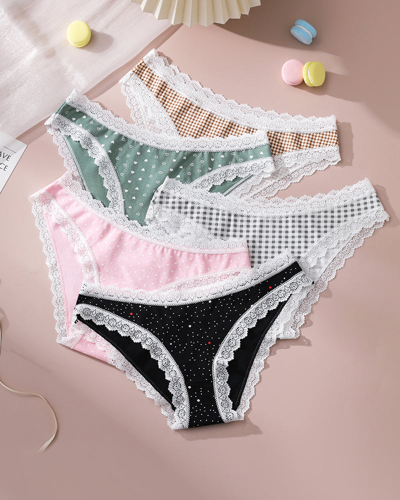Lace edge print panties in assorted patterns and colors, made of cotton for comfort and style.