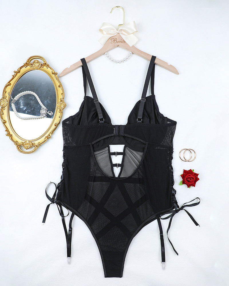 Plus Size Black Leather Bodysuit with Mesh and Garter Straps, perfect for cosplay or themed events