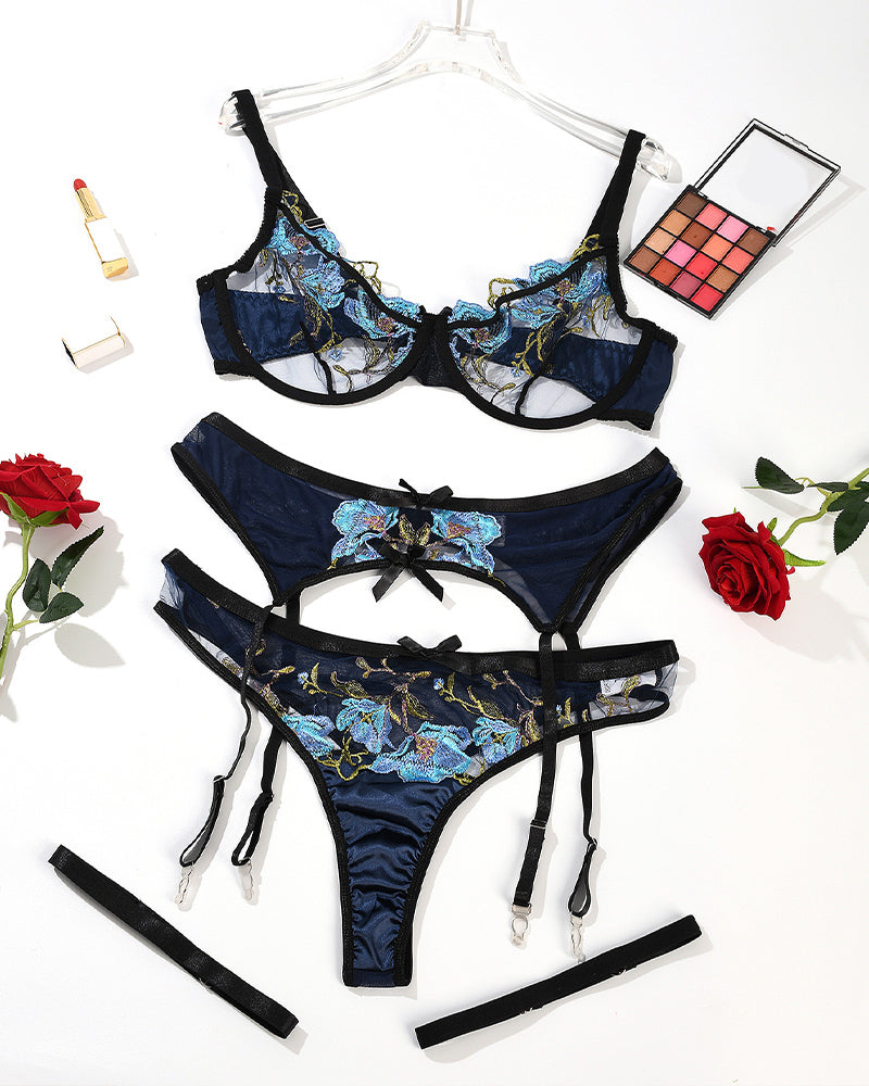 Plus Size Navy Embroidered Lace Bra Set with Garter Belt. Sexy lingerie with floral details.