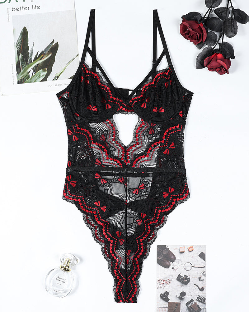 Black and red lace embroidery bow cutout bodysuit with suspender straps; sexy lingerie.