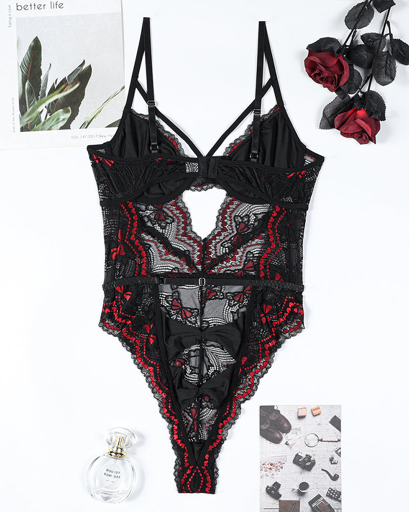 Black and red lace bodysuit with bow cutout design, suspender straps; perfect for special occasions.