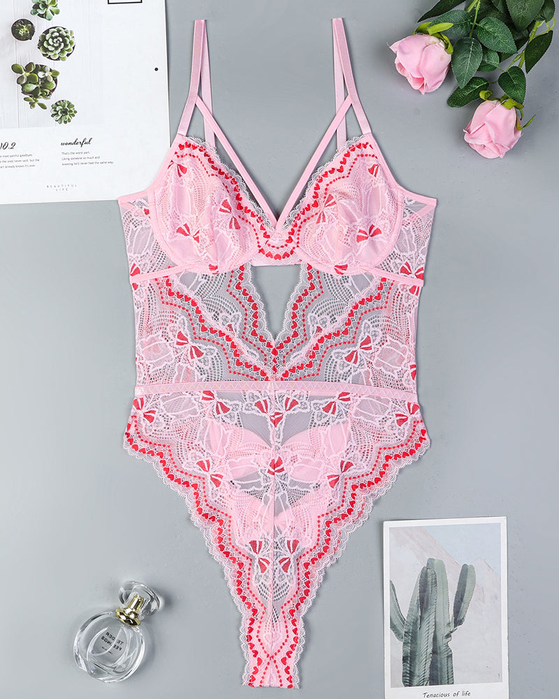 Avidlove pink lace bodysuit with heart embroidery; perfect for special occasions.