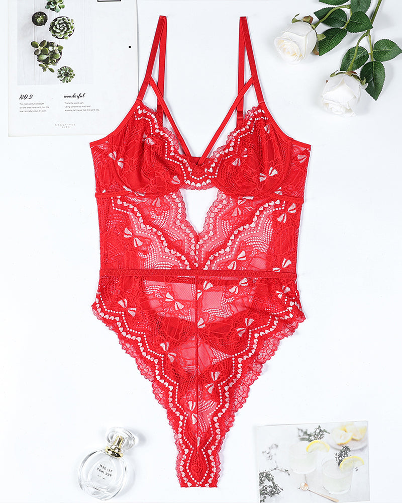 Red lace embroidery bodysuit with cutout design and suspender straps. Sexy lingerie.