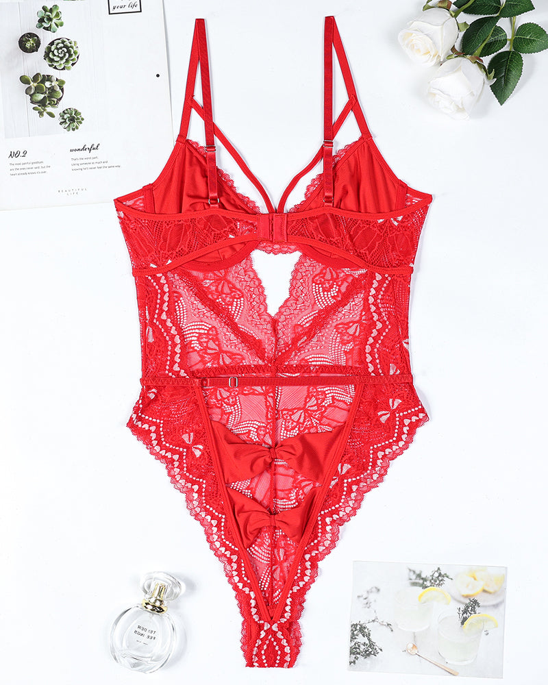 Red lace embroidery bodysuit with bow cutout design and suspender straps. Sexy lingerie for women.