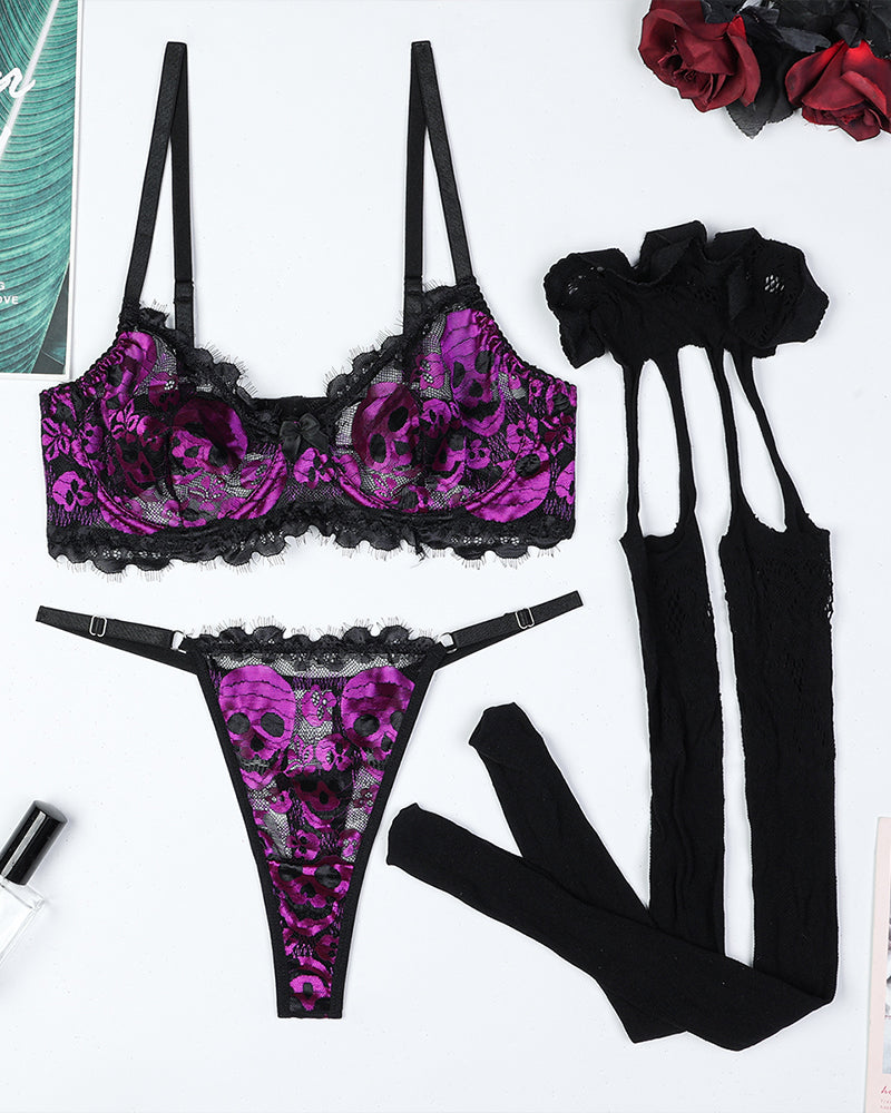Purple skull lace bra set with black stockings, perfect for a sexy and confident look.