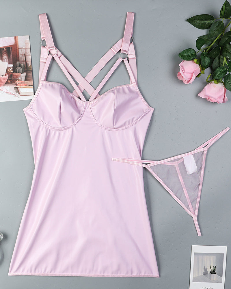 Pink leather cut-out back dress with bustier top and matching lingerie set, a sexy bodysuit