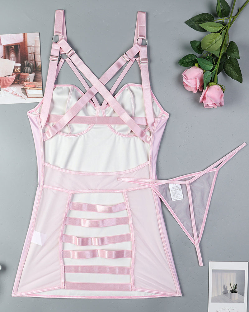 Pink leather cut-out back dress with matching lingerie, a sexy bodysuit for women.