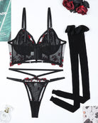 Black embroidered floral bra set with red accents and fishnet stockings, perfect for role play