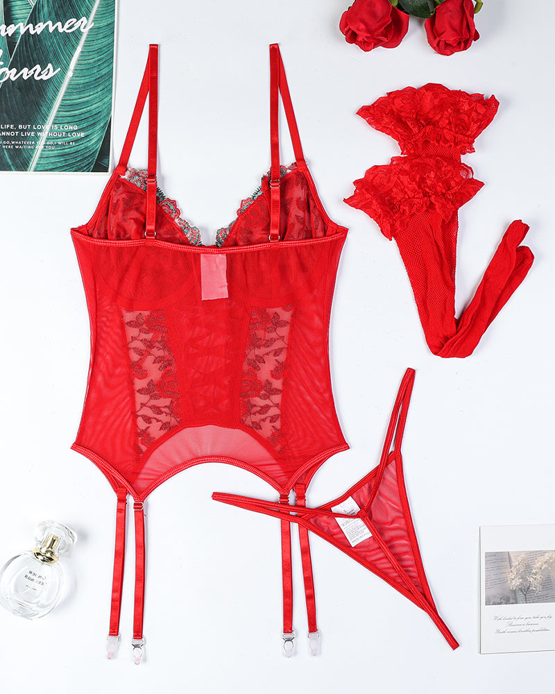 Red floral embroidered cross straps bra set, garter belt, and stockings, sexy lingerie