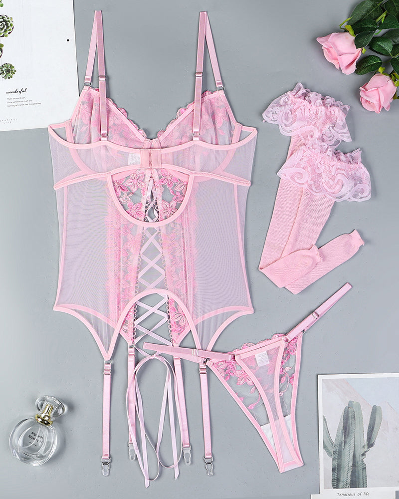 Pink floral embroidered lingerie set with stockings, sexy role play outfit