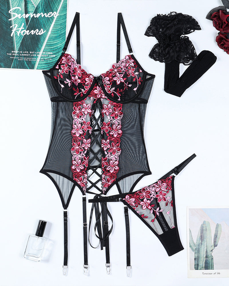 Floral embroidered lingerie set with garter and stockings. Sexy role play outfit.