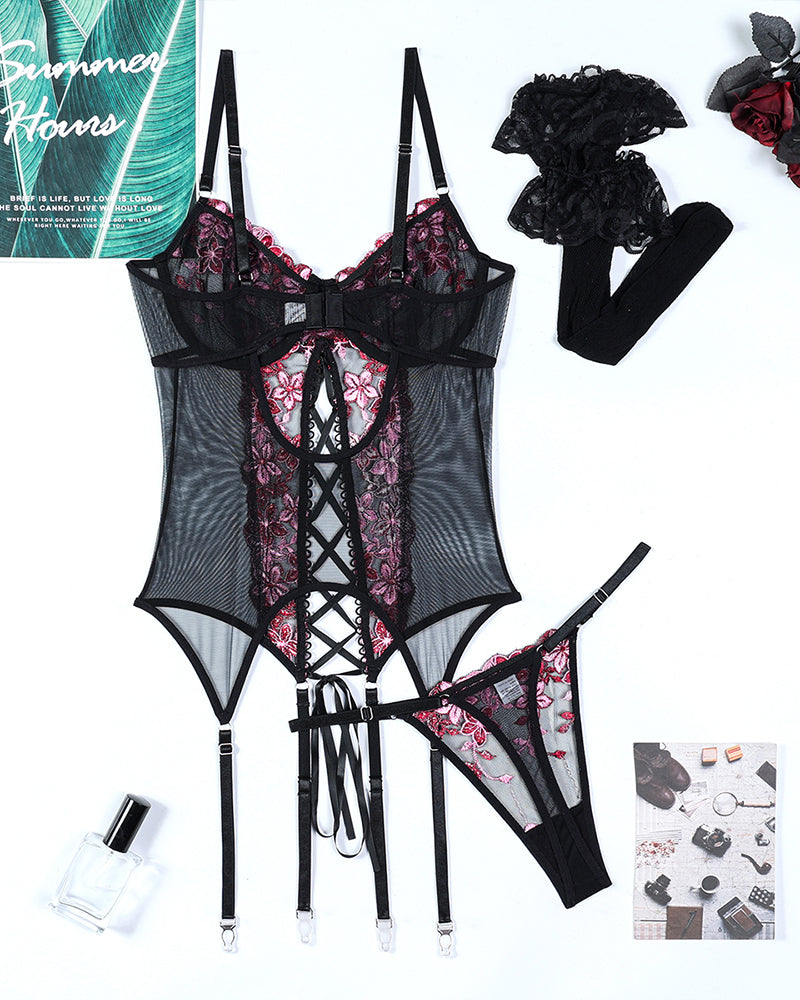 Black floral embroidered lingerie set with garter and stockings, a sexy role play outfit