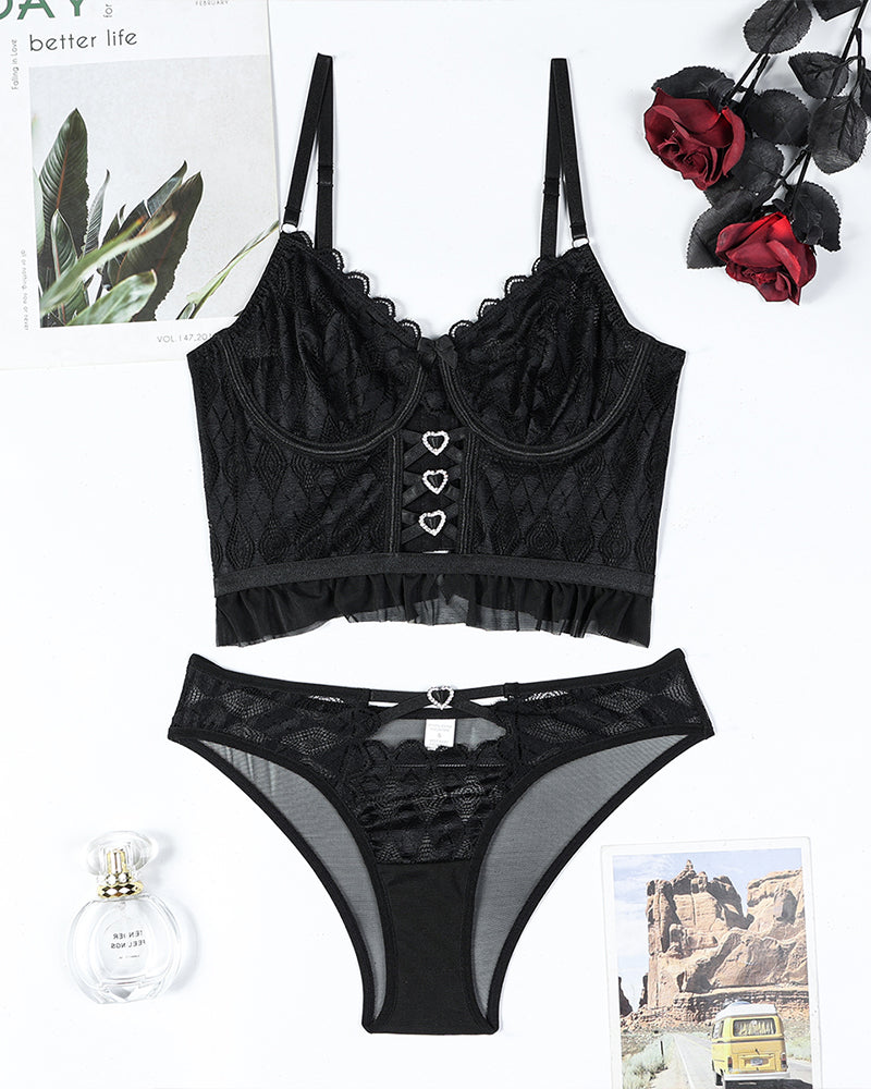 Black lace heart bra set with heart accents, polyester and spandex material, perfect for role play