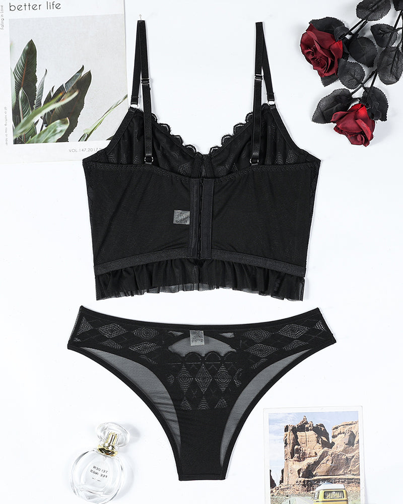 Black lace heart bra set, sheer polyester and spandex lingerie set, perfect for role play