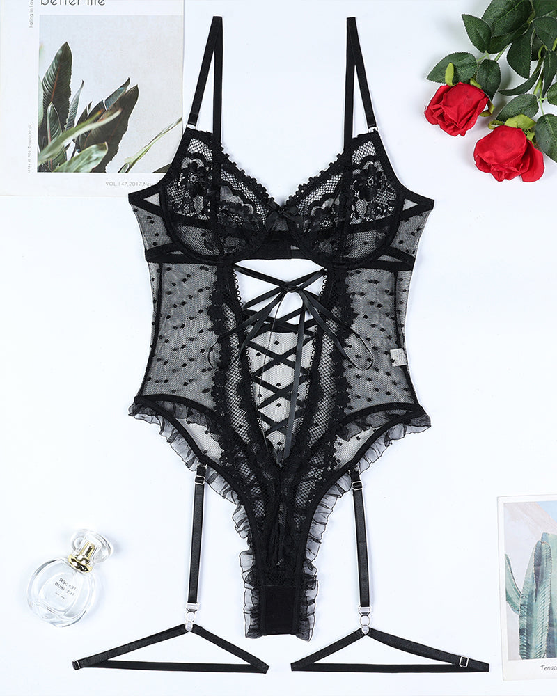 Lace Hollow Cross Strap Bodysuit. Sexy black lingerie, perfect for indoor and outdoor occasions.