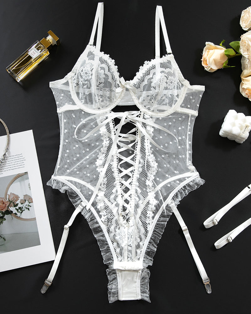 White lace cross-strap bodysuit. Sexy lingerie with floral lace, perfect for various occasions.