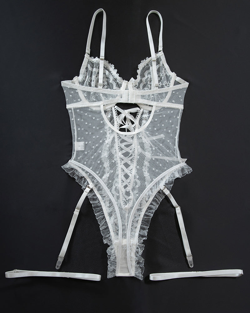 White lace cross-strap bodysuit. Sexy lingerie with polka dots, perfect for various occasions.