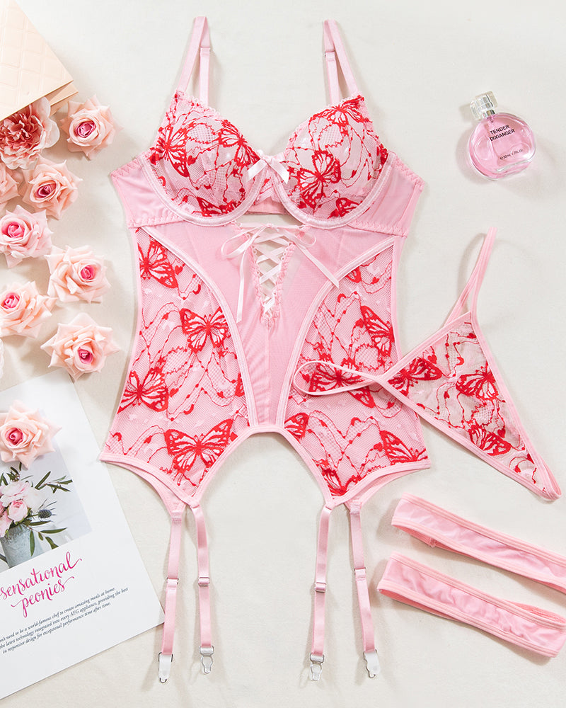 Pink lace butterfly embroidered bra set with red butterfly details, corset lingerie