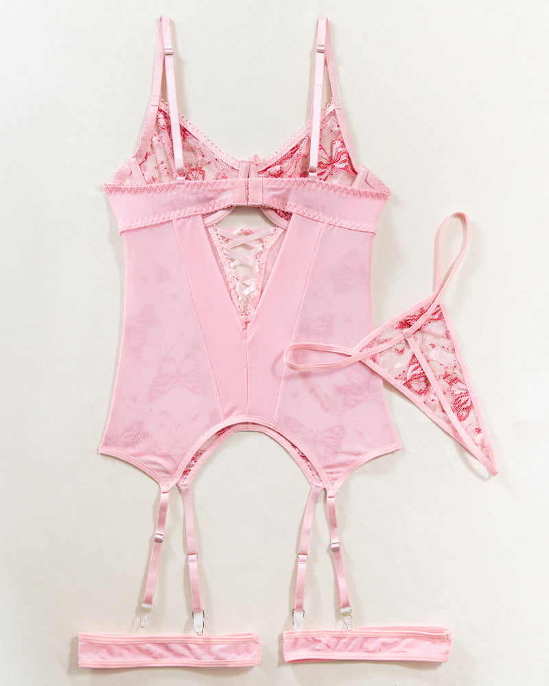 Butterfly embroidered lace bra set, pink corset lingerie with garter belt and thong