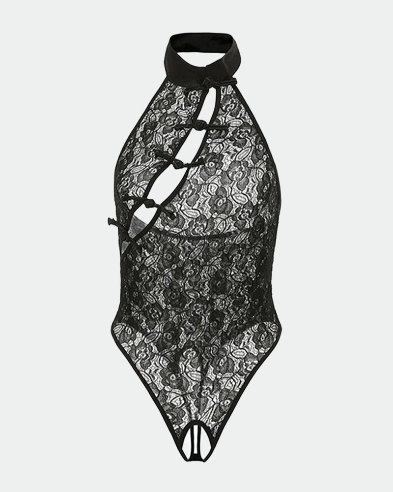 Black lace open-crotch cheongsam bodysuit with halter neck, sexy lingerie for women