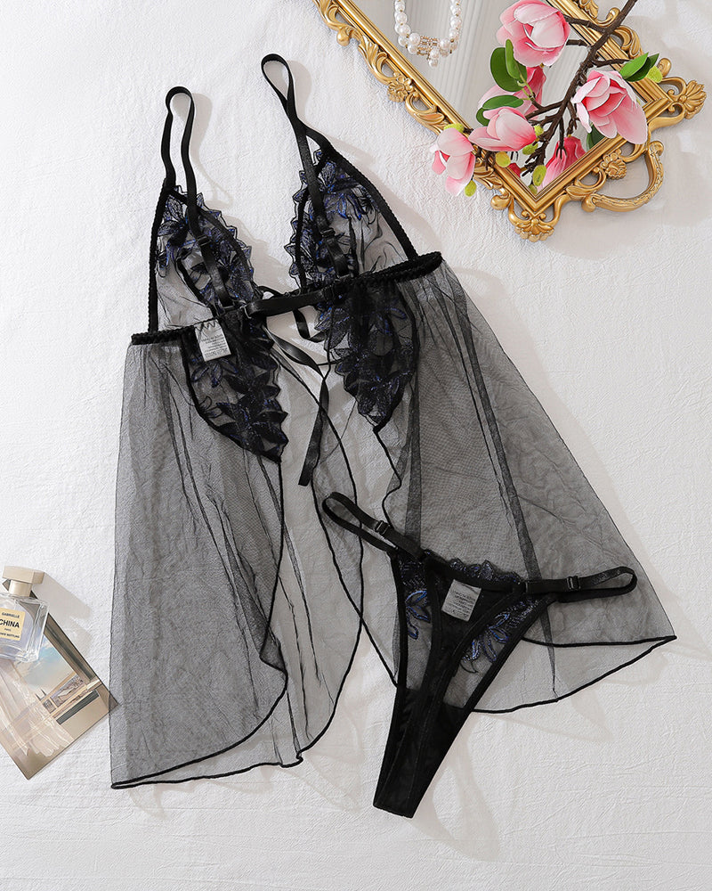 Black mesh lingerie set with blue floral embroidery, sexy nightdress and thong