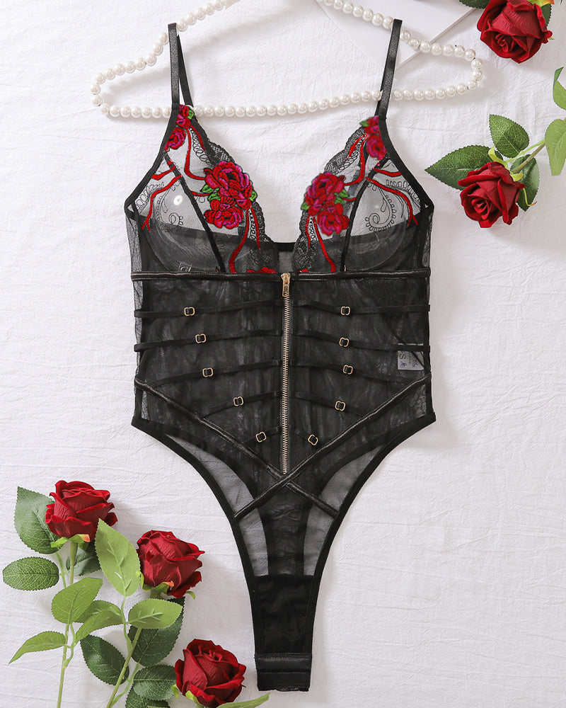 Black lace mesh V-neck bodysuit with floral embroidery and zipper, a sexy lingerie choice.