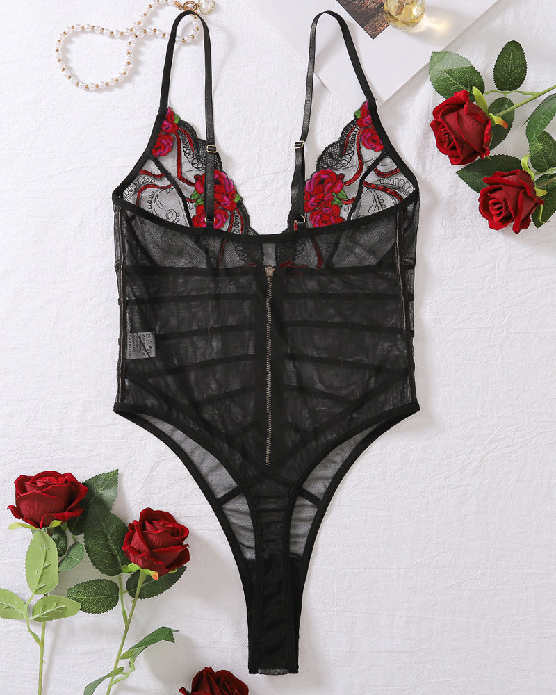 Black lace mesh V-neck bodysuit with red floral embroidery, a sexy lingerie choice.