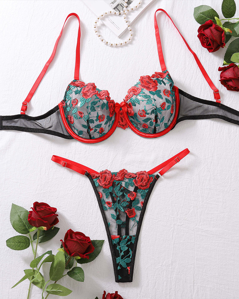 Black floral embroidery see-through bra and panty set with red accents, sexy lingerie