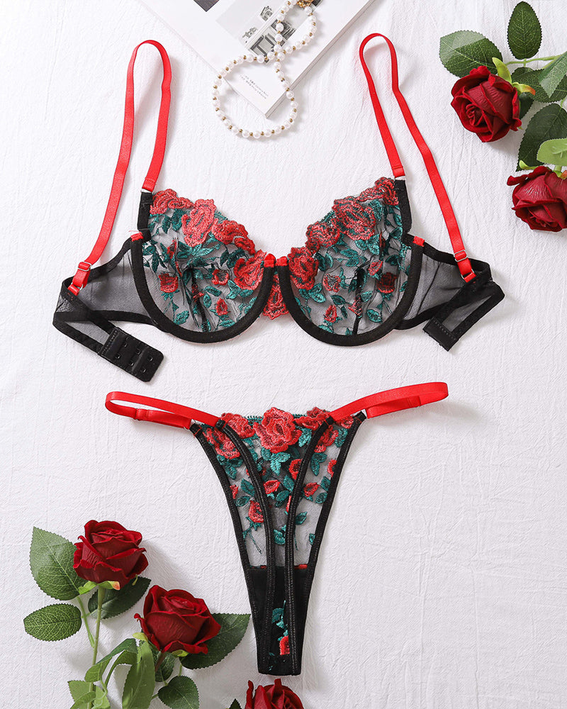 Black floral embroidery see-through bra set with red straps, sexy lingerie