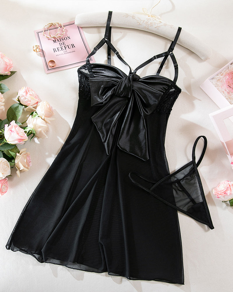 Black bowknot mesh cupless lace nightdress, sheer lingerie with bow detail, cute and sexy