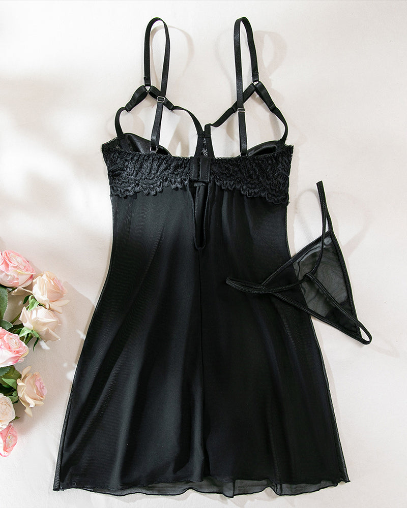 Black lace nightdress with bowknot detail, sheer mesh lingerie set, cute and sexy design for women.