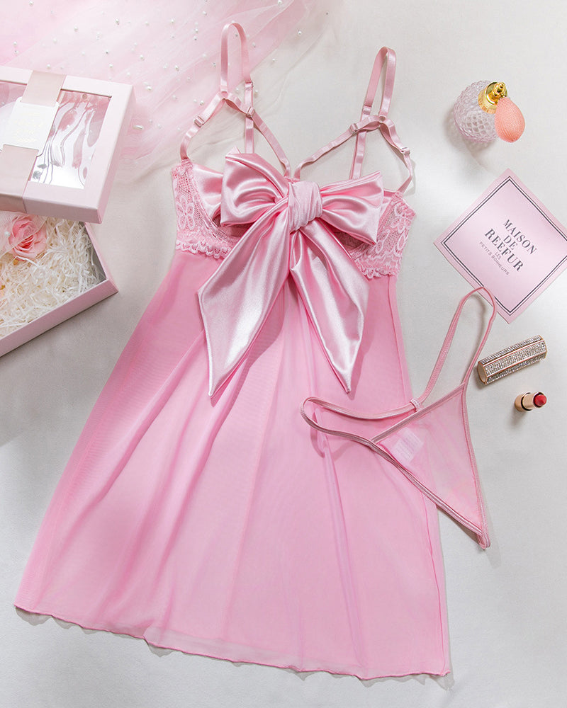 Pink bowknot mesh cupless lace nightdress, sheer lingerie with bow detail, Maison de Reefur