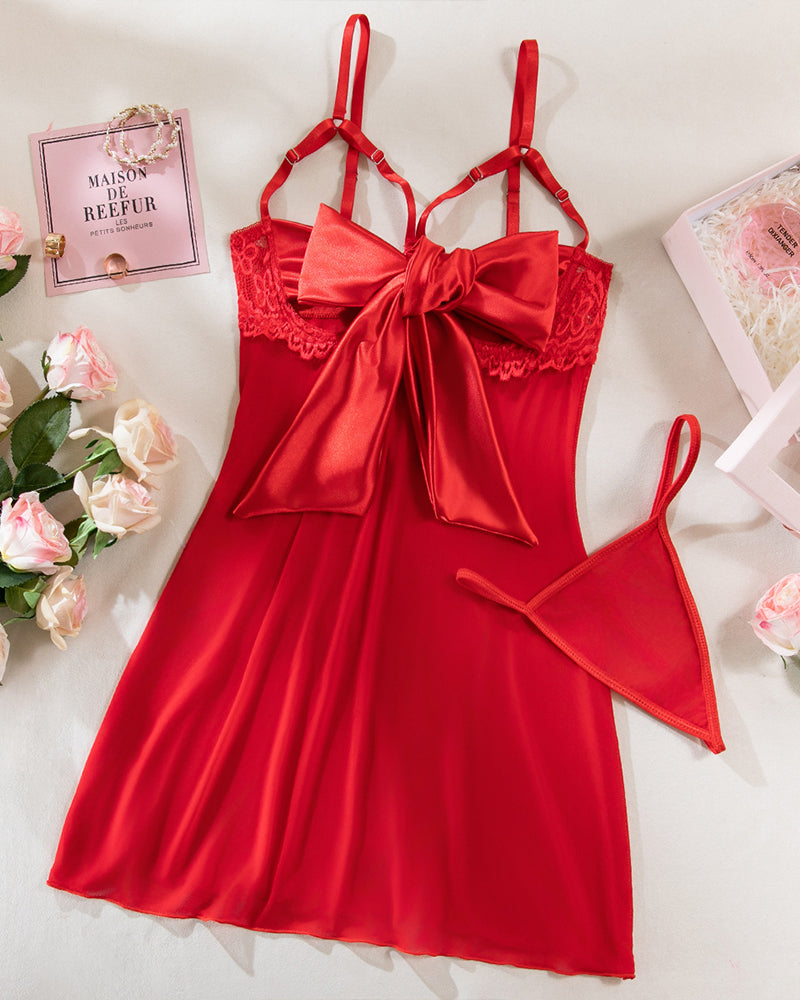 Red bowknot lace nightdress with bow detail, sheer lingerie, cute and sexy design, Maison de Reefur