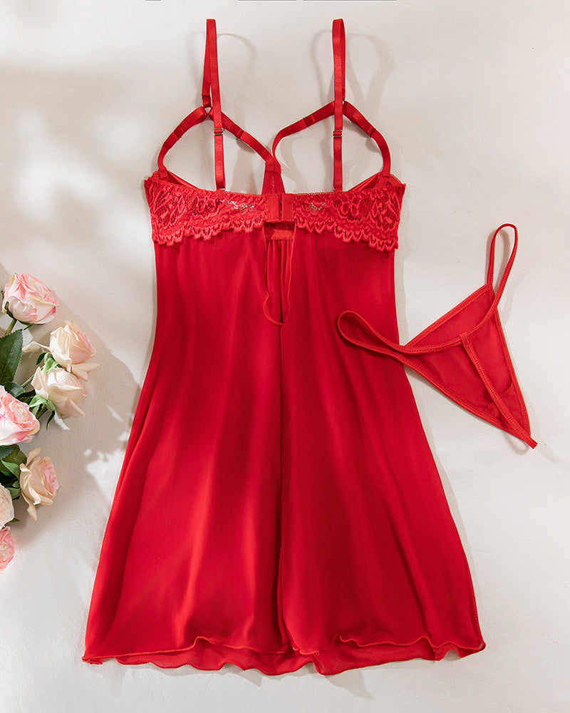 Red lace nightdress with bowknot detail, sheer mesh lingerie set, cute and sexy design