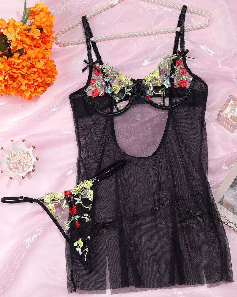 Black floral embroidered sheer nightdress and thong lingerie set, sexy lingerie