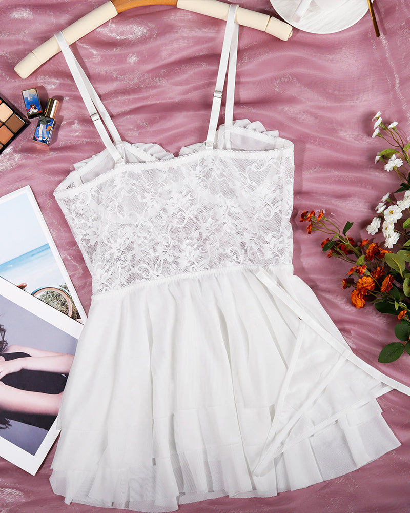 White lace nightdress with lace detail and layered skirt, sexy lingerie for women.