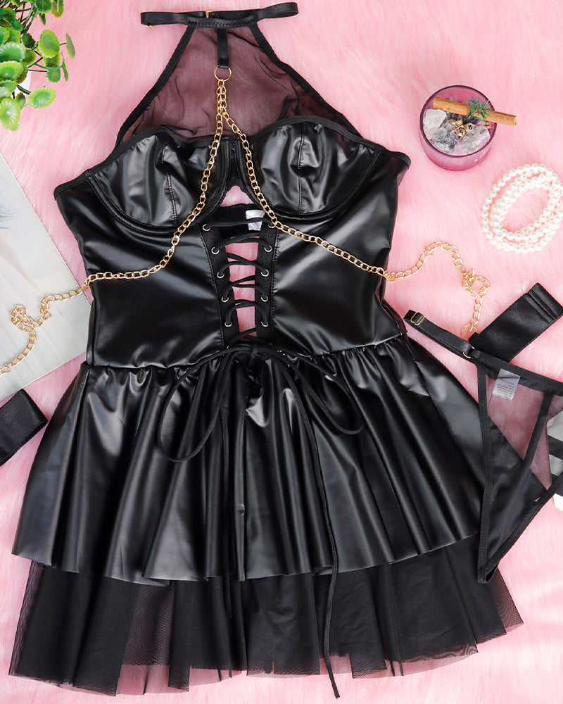 Black PU leather halterneck mini dress with mesh and gold chain details, sexy lingerie