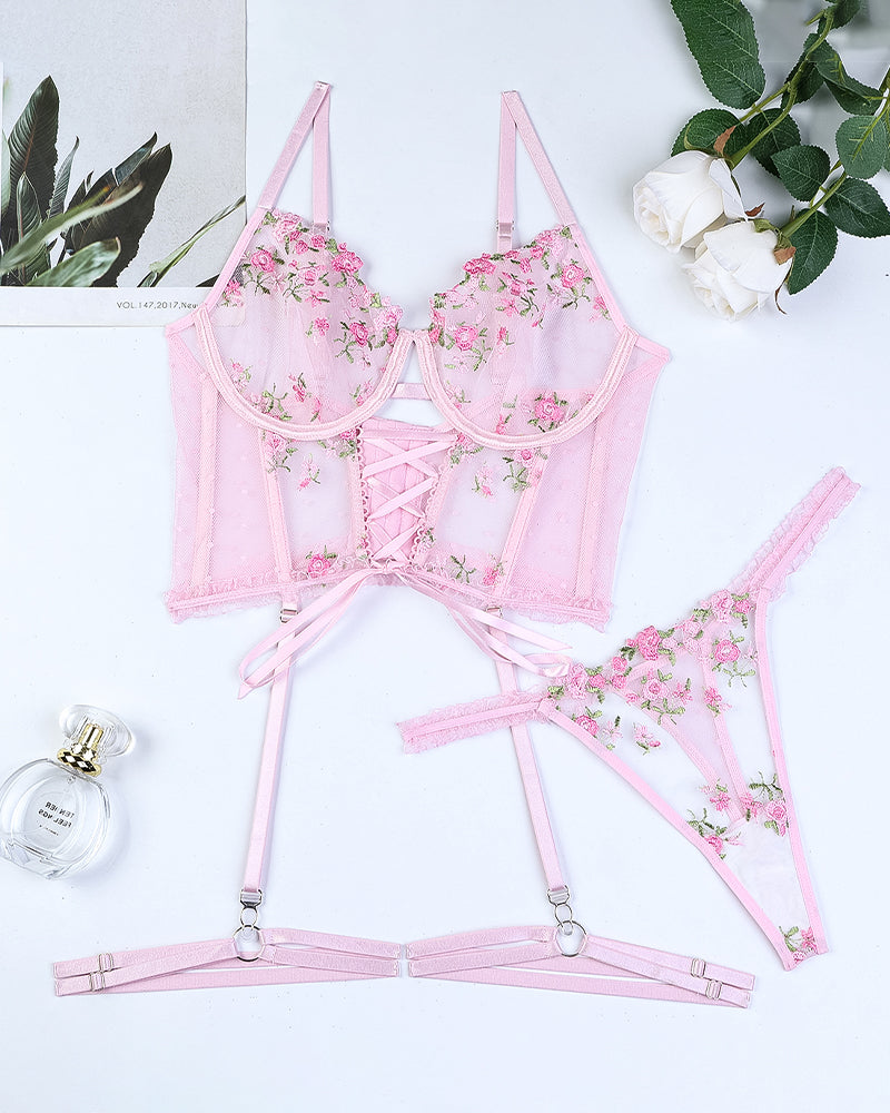 Embroidered pink floral lace-up bra set, sexy lingerie with floral design, polyester and spandex
