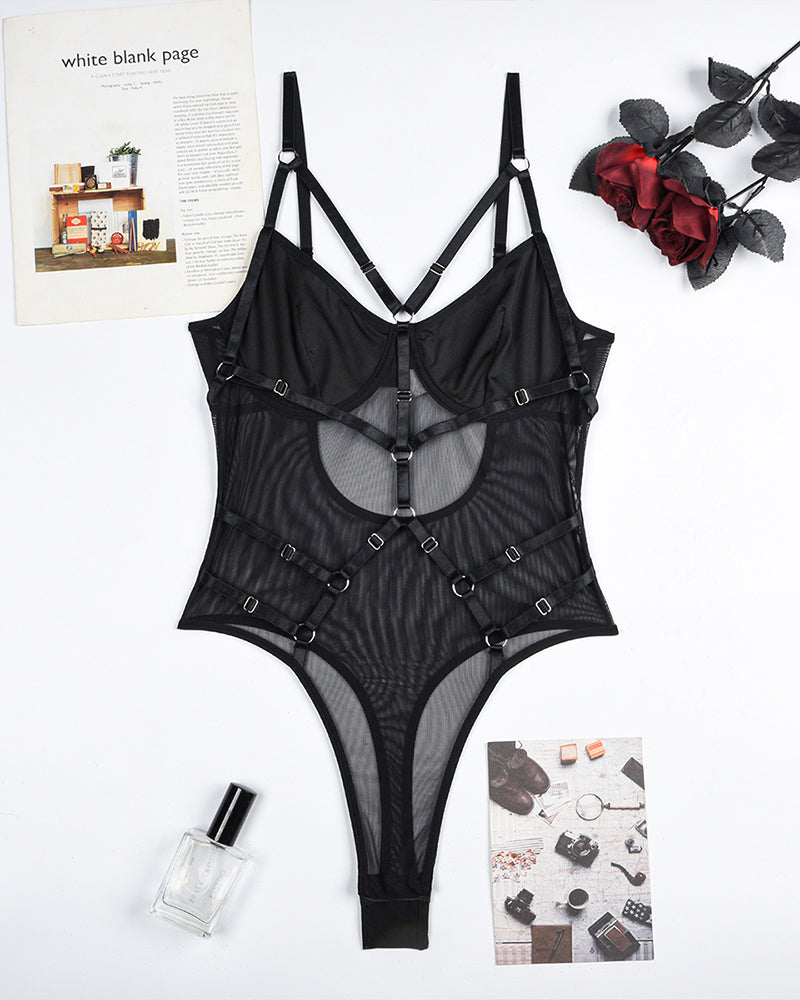 Black mesh strappy bodysuit with metal ring details, sexy lingerie, keyhole back design