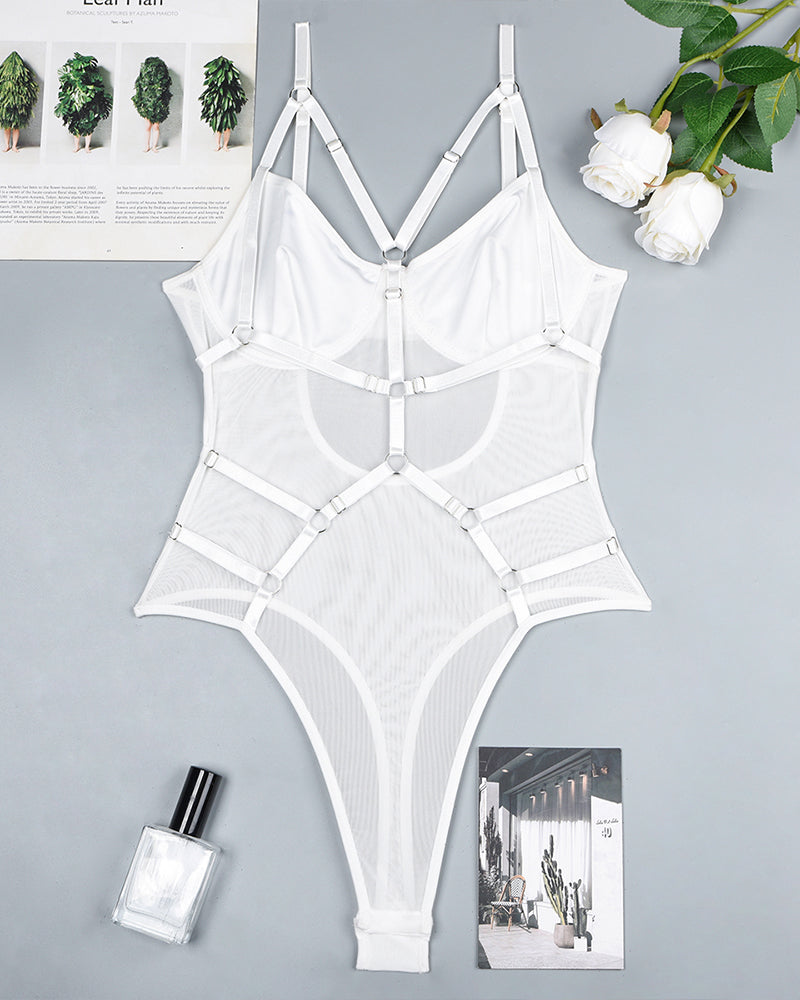 White mesh strappy bodysuit, keyhole back, metal ring details, sexy lingerie
