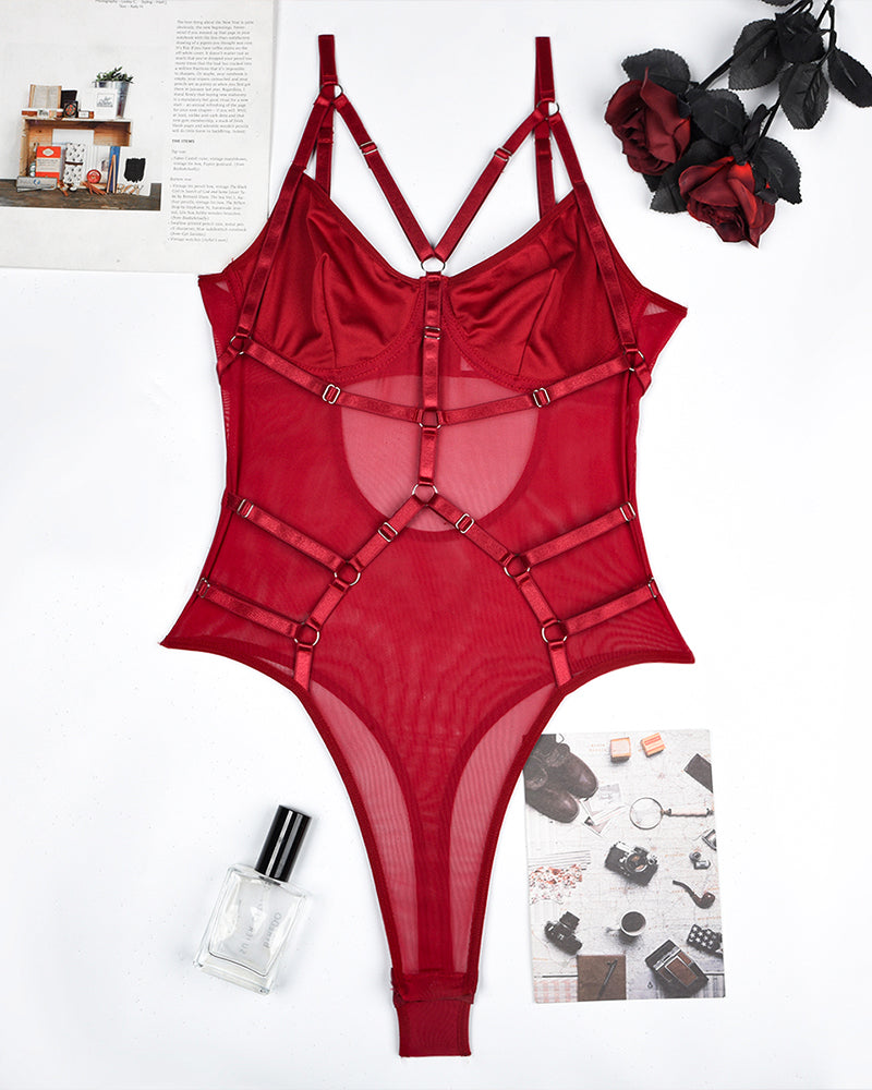 Red mesh strappy bodysuit with metal ring details, perfect sexy lingerie for women
