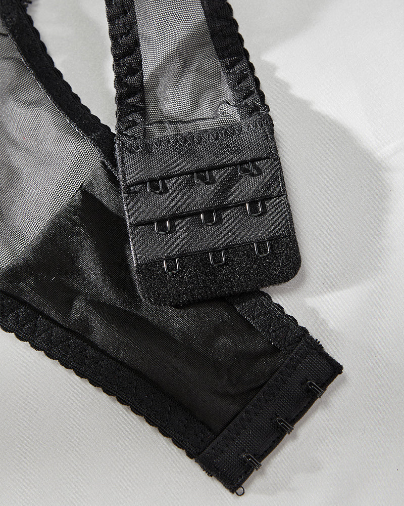 Black mesh backless bodysuit with adjustable closure and lace trim, sexy lingerie for women